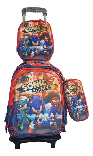 Mochila Escolar Primaria 3d Con Luz Sonic En Combo Lapicera + Lonchera+carrito