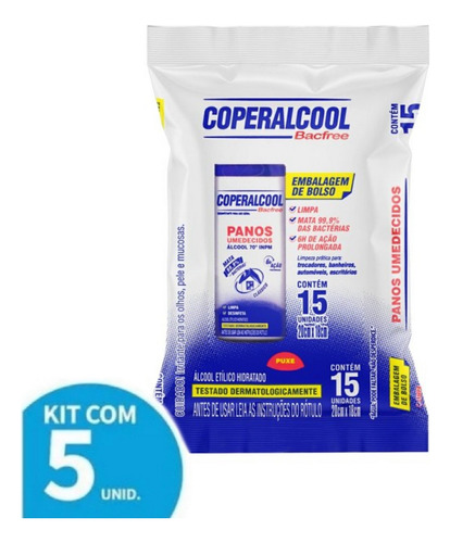 Kit Com 5 Pano Umedecido Coperalcool Bacfree (15 Panos Cada)