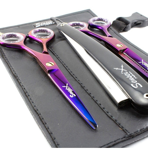 Set Tijeras Corte + Pulir + Navaja Titanio Purple Sensei 5,5