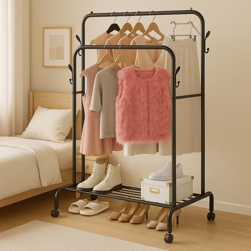 Perchero Doble Móvil Ruedas 360 Hogar Ropa Zapatos Color Negro Koabit