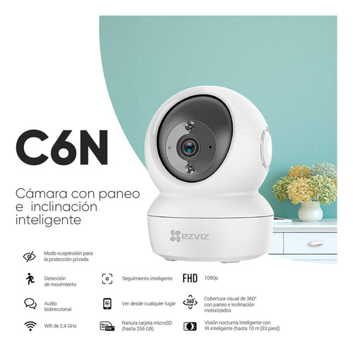 Ezviz Mini Cámara Ip Pt 2mp C6n-32 Wi-fi + Microsd De 32gb Con Seguimiento Inteligente + Visión Nocturna Incluida Con Movimiento Ptz C6n Y Audio Bidireccional