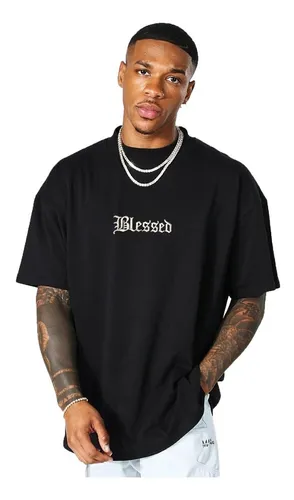Remera Oversize Negra Blesed Bordado Corta Aesthetic Urbano