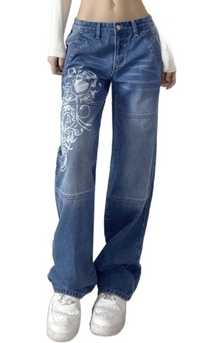 Pantalones Vaqueros De Pierna Ancha Estampado Flor De Mujer