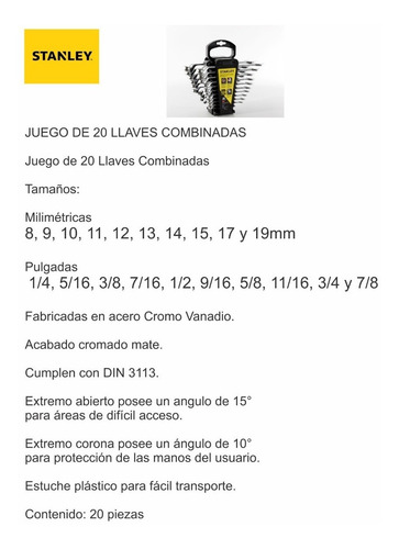 Llaves Combinadas Stanley Milimétricas Y Pulgadas 20 Llaves