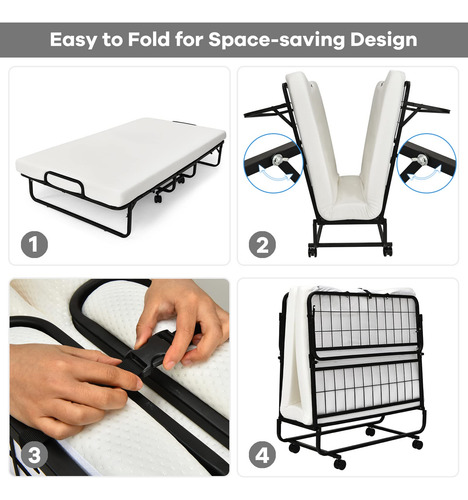 Cama Plegable Con Colchón Individual Portátil Y Ruedas