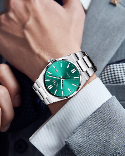 Reloj De Cuarzo Hombre Analógico Relojes Pulsera Moda Watch Correa Plateado Bisel Plateado Fondo Verde