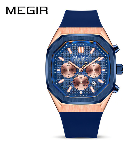 Reloj Cronógrafo Con Calendario Cuadrado Megir Color De La Correa Azul
