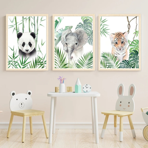 Set X3 Cuadros Infantiles Animalitos Safari Completos 33x43 