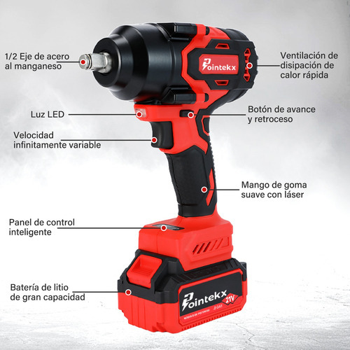 Pointekx Llave de Impacto Inalámbrica 1/2" con Motor Sin Escobillas Torque Máximo 738ft-lbs 1000 N.m Pistola de Impacto 21 V Apto Para Camiones Grandes 2*3.0Ah Baterías y Maletín