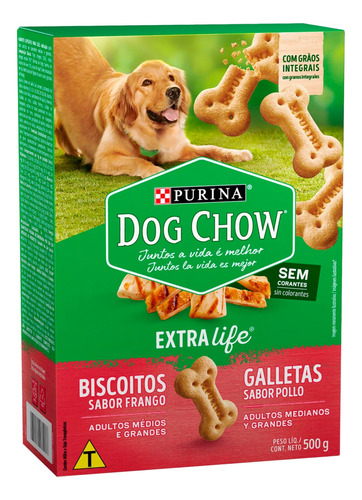 Biscoito para Cães Adultos Raças Médias e Grandes Frango Purina Dog Chow Extra Life Caixa 500g