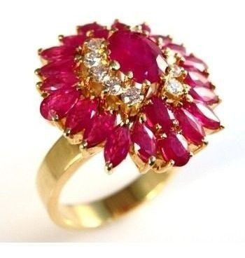 Anel Classico Rubi Naturais Extra Com Diamantes Ouro 18k