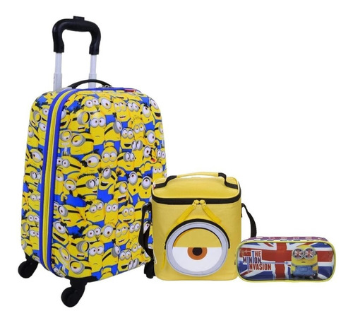 Kit Mochila Malinha Infantil Mala Escolar Minions 4 Rodinhas