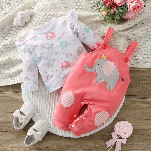 Conjunto Tierno De Algodón D Bebé Overol Rosa Con Elefantito