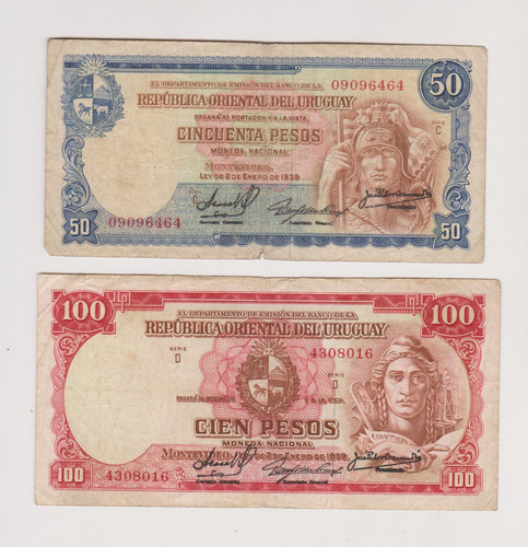 Lote 2 Billete Uruguay 50 + 100 $ Año 1939 Bueno 