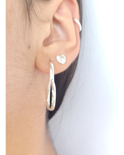 Trio Conjunto Brinco Argola Coração Pedra Zirconia Prata 925
