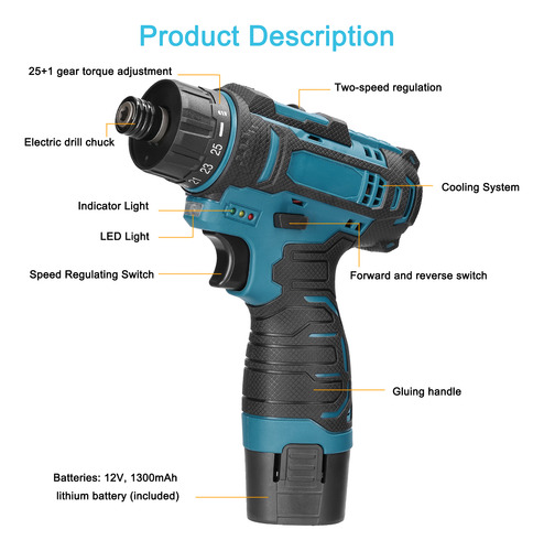 Destornillador De 12 V Con Par Ajustable, 2 Modos De Control