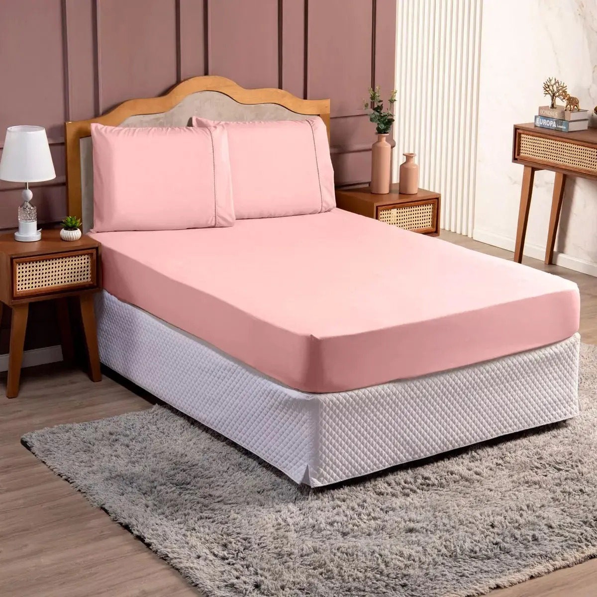 Jogo Lençol Casal 3pç 400 Fios Hipercal Conforto Macio Cor Rosa Desenho do tecido Liso