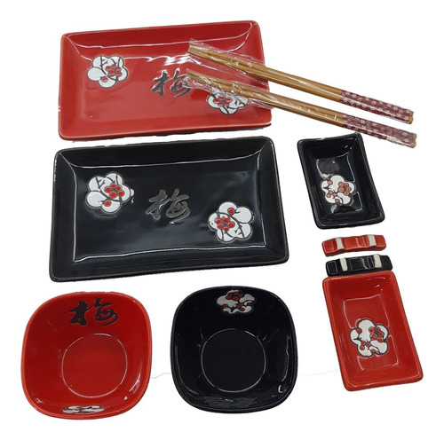 Set De Sushi P/ 2 Personas 8 Piezas De Porcelana Negro Rojo