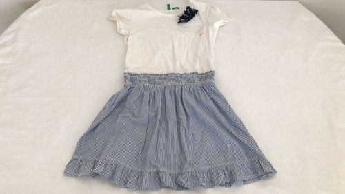 Vestido Blanco Con Rayas Celeste Talla 7 Marca Benetton 