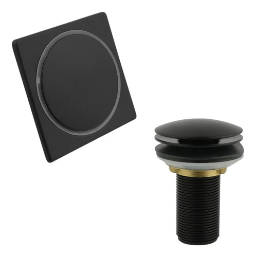 Kit Ralo Click 9,5x9,5 Cm E Válvula Pia 7/8 Preto Fosco Aço Inox Tampa Removível Banheiro Lavabo Cuba Box 10cm Ralo Pia 3cm Lavatório Kit Banheiro Black