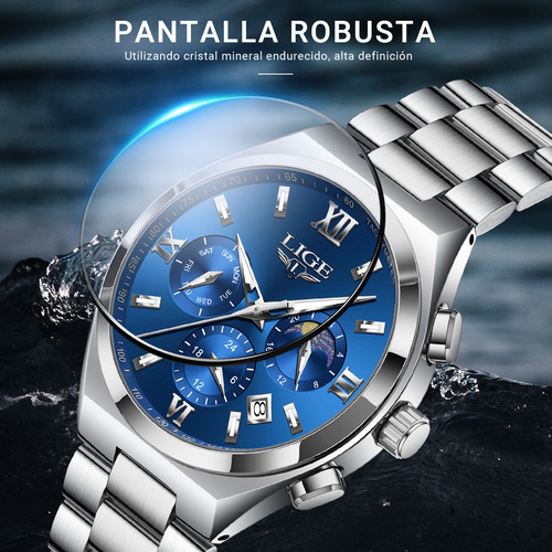 Reloj Pulsera Relojes Hombre Impermeable Acero Inoxidable Correa Plateado Bisel Plateado Fondo Azul