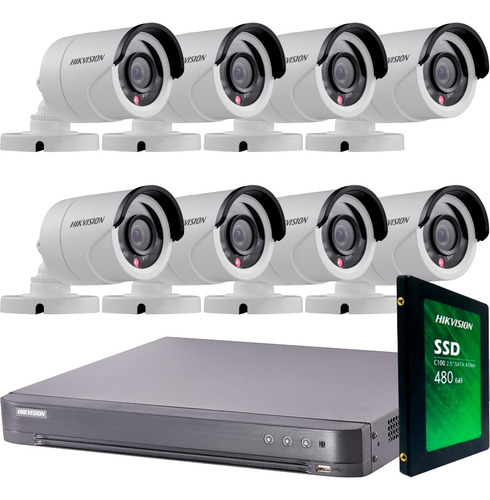 Kit Seguridad Hikvision Grabacion Full Hd 1080p Dvr 16 + Disco Instalado + 8 Camaras 2mp Exterior Infrarrojas + Ip