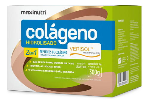 Suplemento Em Pó Maxinutri  Colágeno Hidrolisado 2 Em 1 Verisol Colágeno Colágeno Hidrolisado 2 Em 1 Verisol Sabor  Uva Verdes Em Caixa De 300g 30 Un