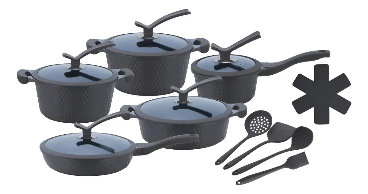 Kit Panelas Luxo Premium 17 Peças Estilo Gourmet Jogo Panela Cinza-escuro