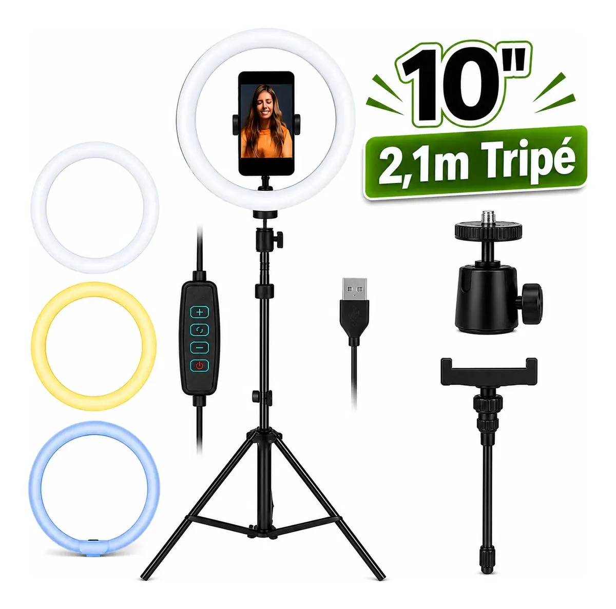 Anel de Led Ring Light 10 Polegadas Com Tripé 2,10m Profissional Video Maker Suporte Celular 3 Cores de Iluminação Maquiagem E Gravações Streamer Black Raipe