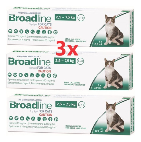 3 X Broadline Pipeta Gato 2.5 A 7.5 Kg Antiparasitario Mh