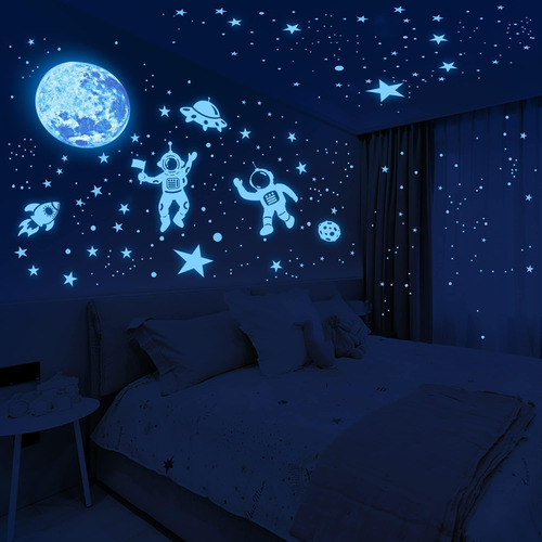 Calcomanías De Pared Brillantes Estrellas, Luna Y Astronauta