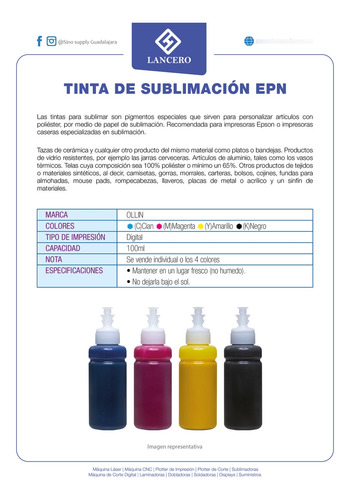 Kit 4 Tinta De Sublimación Epn 100ml Ollin Cmyk Lancero
