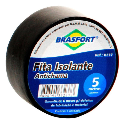 Fita Isolante Brasfort 5m X 19mm Preta   8237 - Kit C/10