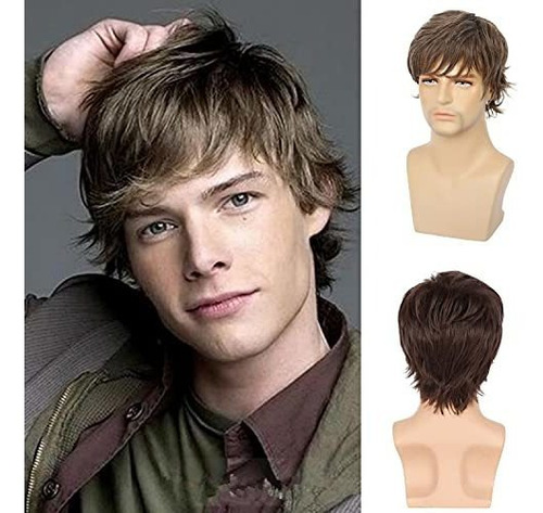 Pelucas - Beweig Mens Brown Wigs Short Layered Fluffy Mixed 