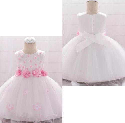 Vestido De Bebé Blanco Para Bautizo Con Flores Rosadas 