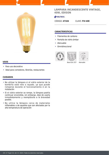 Imagen 3 de 4 de Lámpara Incandescente Vintage 40w Edison 47104