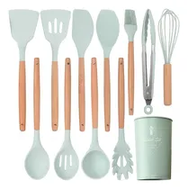 Comprar Set X12 Kit Utensilios De Cocina Mango Madera Punta Silicona