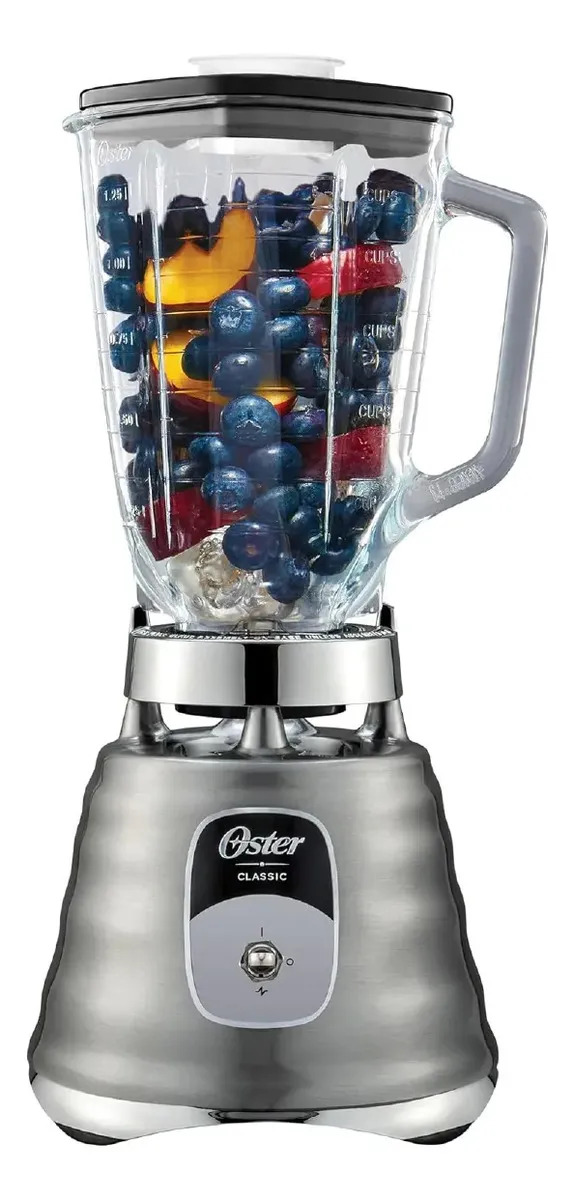 Oster Licuadora Clásica, con 2 Velocidades, y Vaso de Vidrio Refractario Boroclass, Cromada, BLST4127