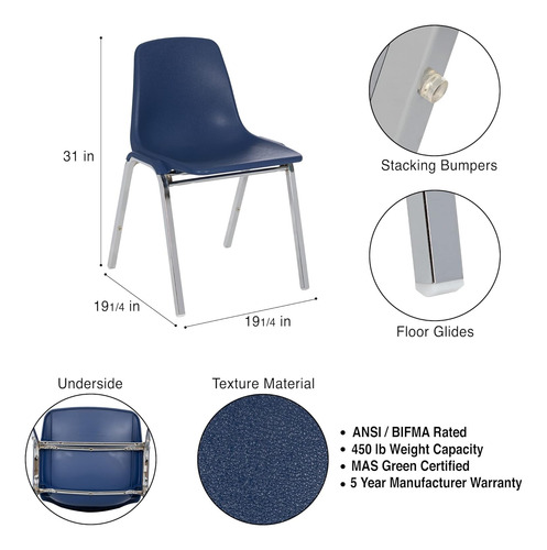 Silla Apilable Poly Shell, Color Azul