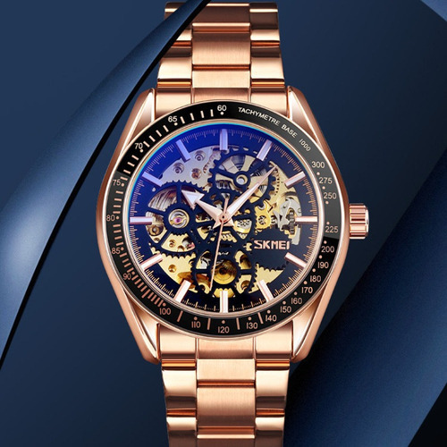Reloj mecánico de acero inoxidable Skmei Business, correa de color oro rosa