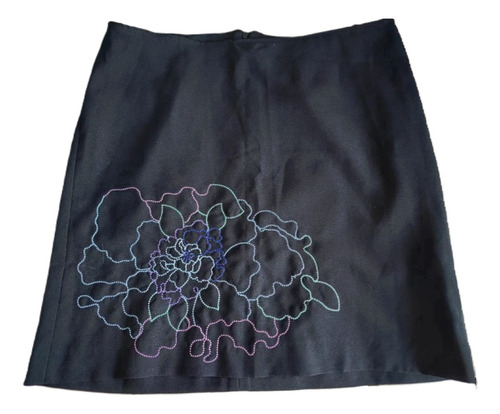 Pollera Falda Negra Bordada Flores Normandie Xl 50-52 Mujer