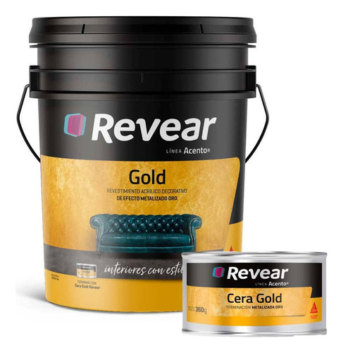 Revear Revestimiento Acrílico 25kg + Cera Acabado 5x360g Rex Color Metalizado Gold