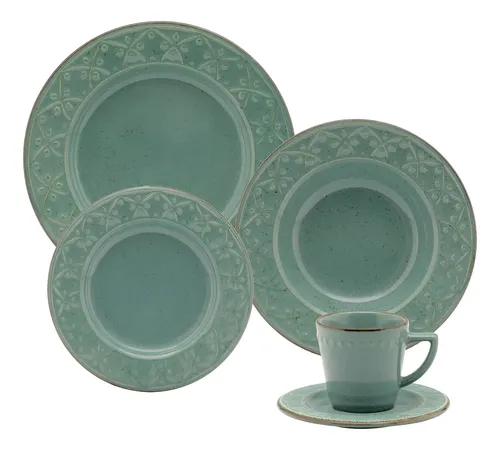 Aparelho De Jantar E Chá 20 Peças Oxford Mendi Malaquita Verde Liso Com Textura