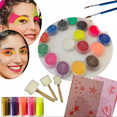 Maquillaje Artístico Set Glitters Taponador Pincel Stencil