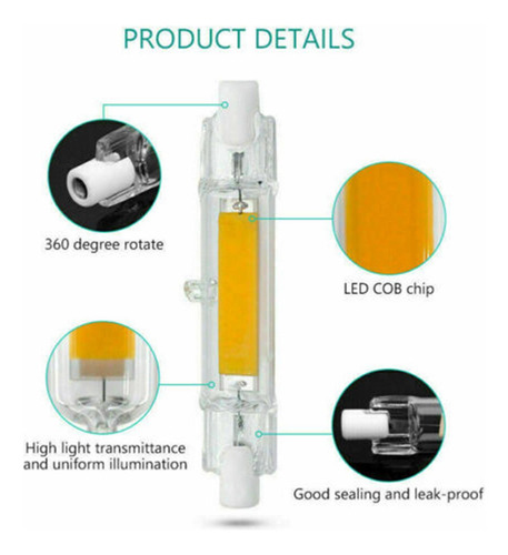 Led R7s Tubo De Vidrio Cob Bombilla Cálido 2700k-3000k
