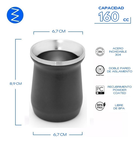 Mate Térmico De Acero Inox. Doble Pared Y Bombilla - 160 Ml Color Negro 160ml