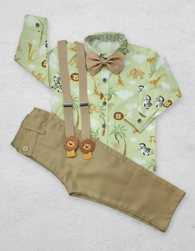 Roupa Festa Bebê Menino Safari Inverno Manga Longa E Calça Cor safari verde calça cáqui Tamanho 3 anos