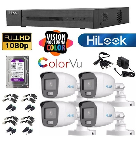 Imagen 1 de 10 de Kit Seguridad Hikvision Dvr 8ch + 4 Camara 2mp Colorvu + 1tb