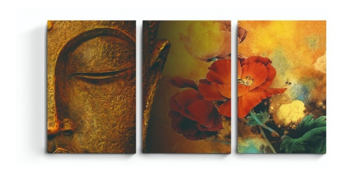 Cuadro Triptico Zen Buda Flores Sidarta Oriental Meditacion