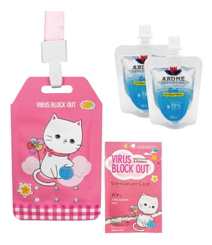 2 Gel Antibacterial De Bolsillo + Tarjeta De Esterilizacion Fragancia Neutra Gato